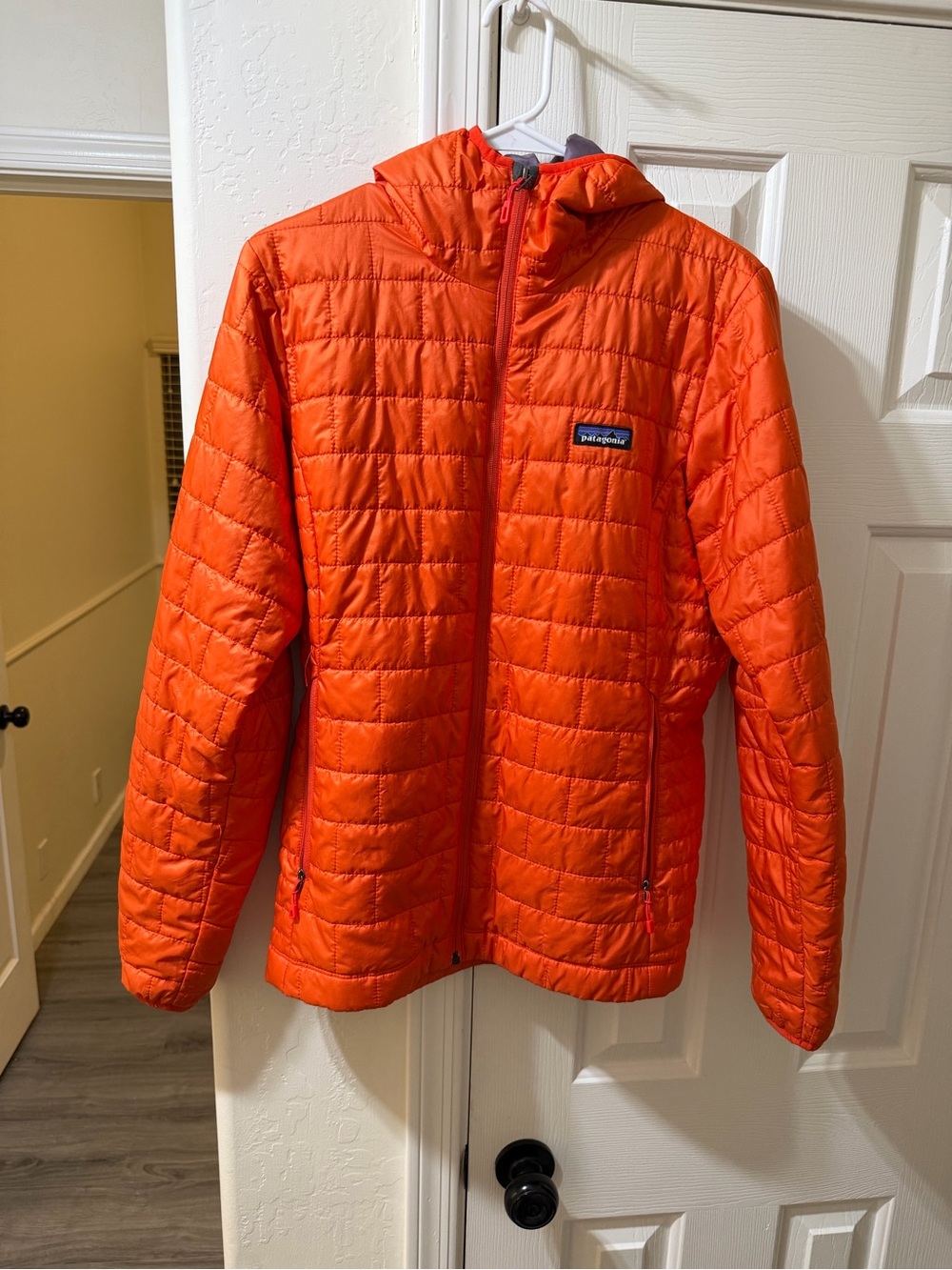 Patagonia Women’s Orange Quilted Hooded Puffer Jacket